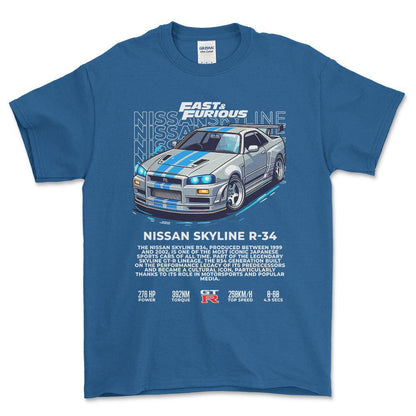 Nissan Skyline R34 - Unisex T-Shirt , Bomuld-Beklædning-Nissan-Blå Royal-S-Forside-Garage Culture Shop- garage - man cave - merchandise