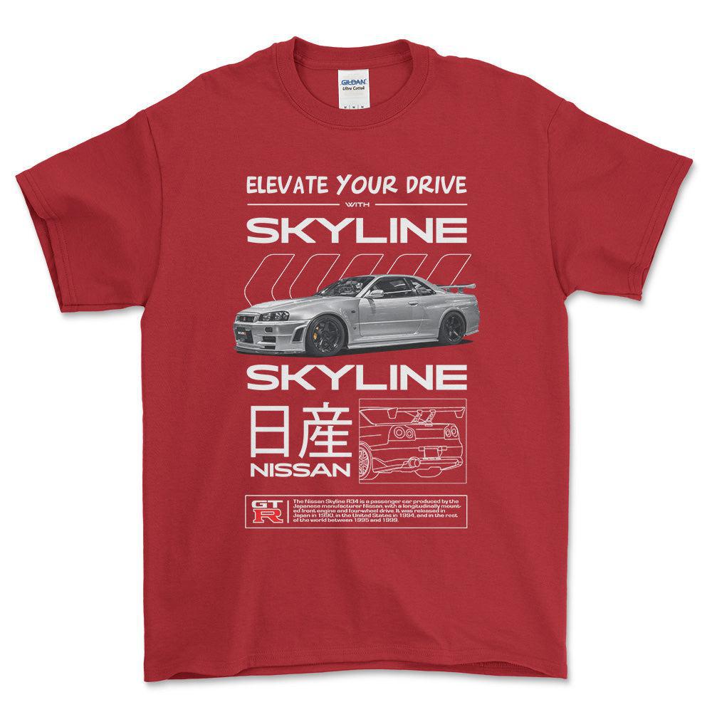 Nissan Skyline R34 - Unisex T-Shirt , Bomuld-Beklædning-Nissan-Rød-S-Forside-Garage Culture Shop- garage - man cave - merchandise