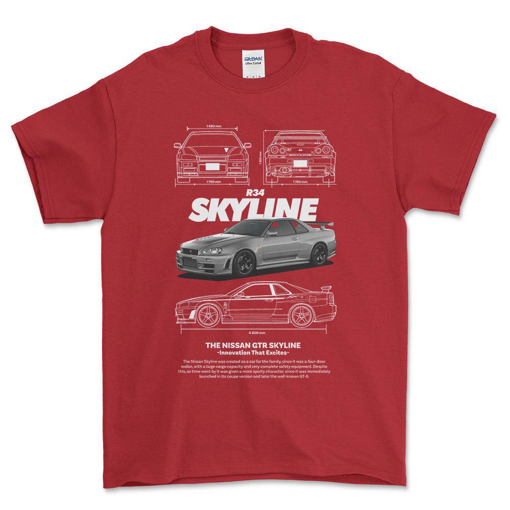 Nissan Skyline R34 - Unisex T-Shirt , Bomuld-Beklædning-Nissan-Rød-S-Forside-Garage Culture Shop- garage - man cave - merchandise