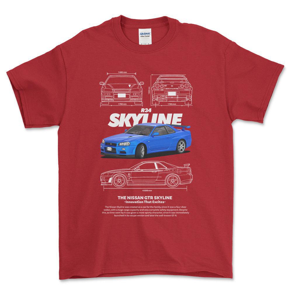 Nissan Skyline R34 - Unisex T-Shirt , Bomuld-Beklædning-Nissan-Rød-S-Forside-Garage Culture Shop- garage - man cave - merchandise