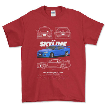 Nissan Skyline R34 - Unisex T-Shirt , Bomuld-Beklædning-Nissan-Rød-S-Forside-Garage Culture Shop- garage - man cave - merchandise