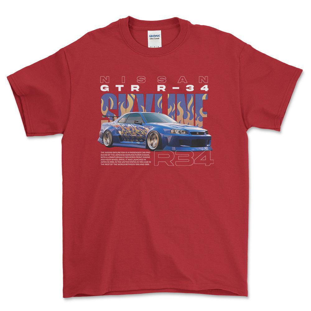 Nissan Skyline R34 - Unisex T-Shirt , Bomuld-Beklædning-Nissan-Rød-S-Forside-Garage Culture Shop- garage - man cave - merchandise