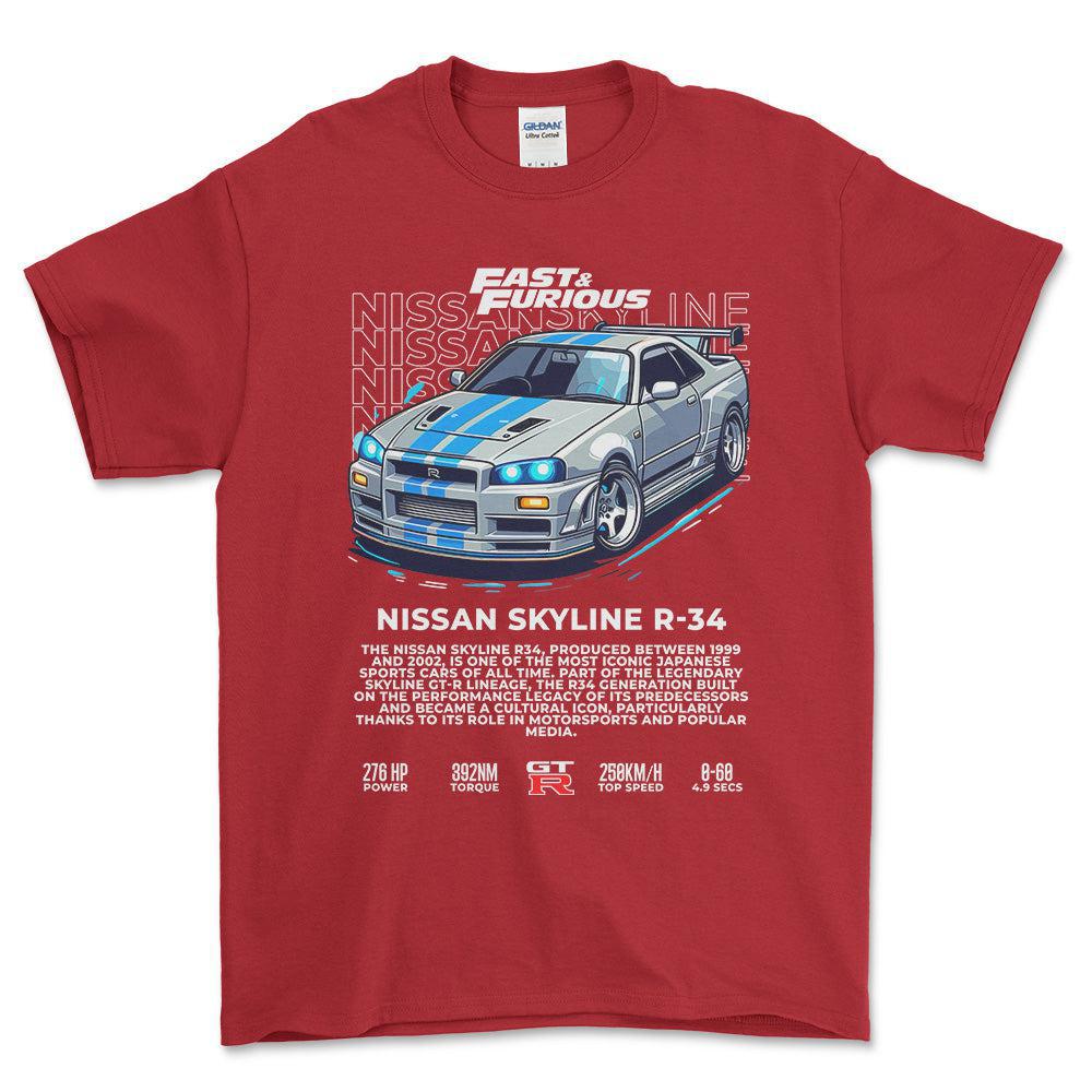 Nissan Skyline R34 - Unisex T-Shirt , Bomuld-Beklædning-Nissan-Rød-S-Forside-Garage Culture Shop- garage - man cave - merchandise