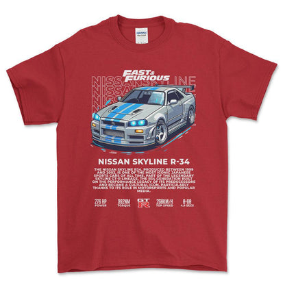Nissan Skyline R34 - Unisex T-Shirt , Bomuld-Beklædning-Nissan-Rød-S-Forside-Garage Culture Shop- garage - man cave - merchandise