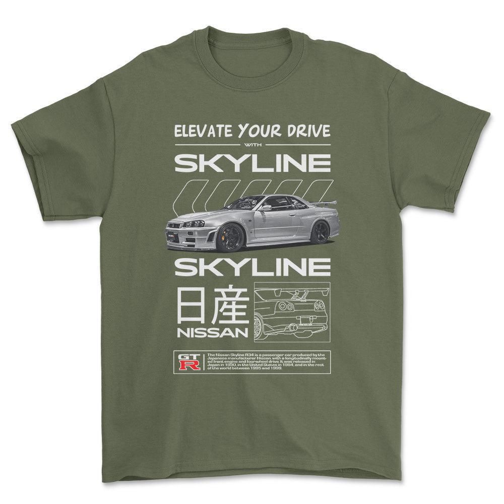 Nissan Skyline R34 - Unisex T-Shirt , Bomuld-Beklædning-Nissan-Grøn Militær-S-Forside-Garage Culture Shop- garage - man cave - merchandise
