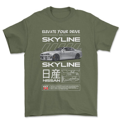 Nissan Skyline R34 - Unisex T-Shirt , Bomuld-Beklædning-Nissan-Grøn Militær-S-Forside-Garage Culture Shop- garage - man cave - merchandise
