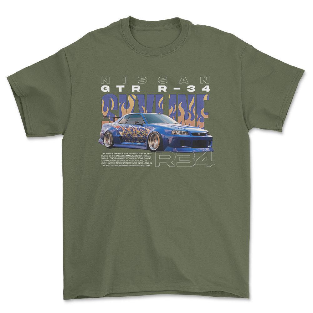 Nissan Skyline R34 - Unisex T-Shirt , Bomuld-Beklædning-Nissan-Grøn Militær-S-Forside-Garage Culture Shop- garage - man cave - merchandise