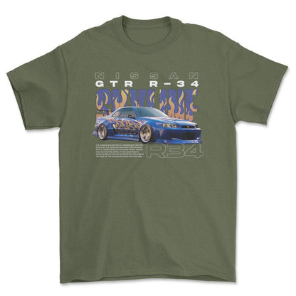 Nissan Skyline R34 - Unisex T-Shirt , Bomuld-Beklædning-Nissan-Grøn Militær-S-Forside-Garage Culture Shop- garage - man cave - merchandise