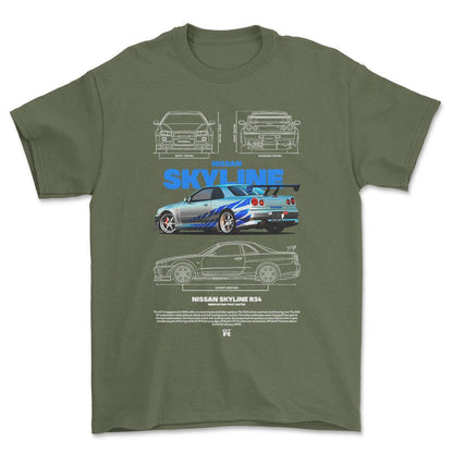 Nissan Skyline R34 - Unisex T-Shirt , Bomuld-Beklædning-Nissan-Grøn Militær-S-Forside-Garage Culture Shop- garage - man cave - merchandise