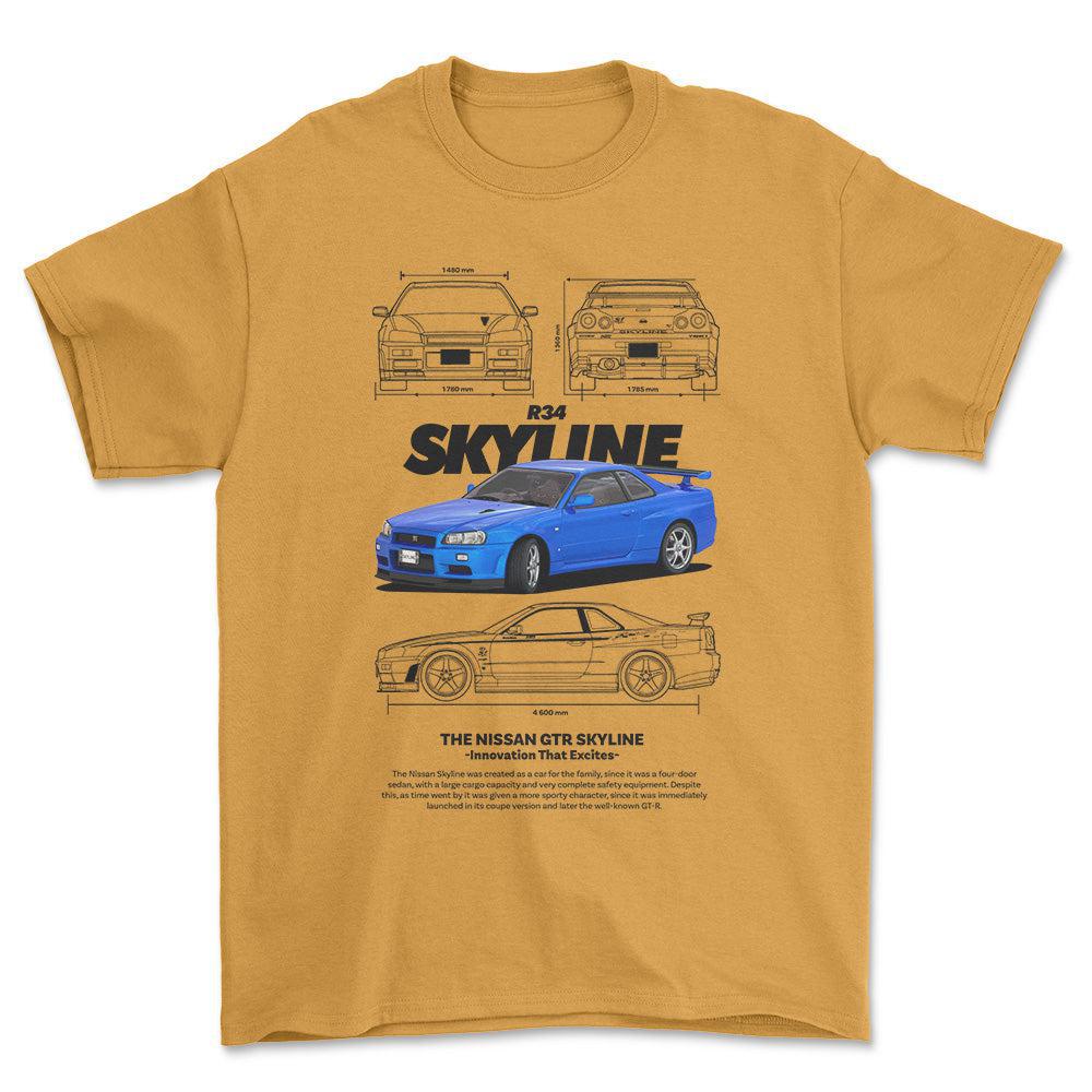 Nissan Skyline R34 - Unisex T-Shirt , Bomuld-Beklædning-Nissan-Guld-S-Forside-Garage Culture Shop- garage - man cave - merchandise