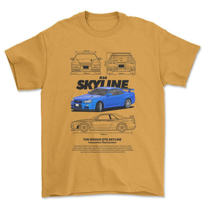 Nissan Skyline R34 - Unisex T-Shirt , Bomuld-Beklædning-Nissan-Guld-S-Forside-Garage Culture Shop- garage - man cave - merchandise