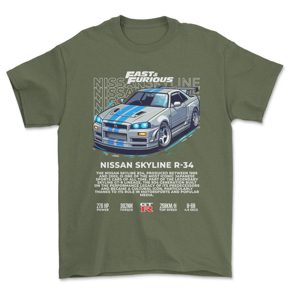 Nissan Skyline R34 - Unisex T-Shirt , Bomuld-Beklædning-Nissan-Grøn Militær-S-Forside-Garage Culture Shop- garage - man cave - merchandise