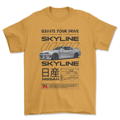 Nissan Skyline R34 - Unisex T-Shirt , Bomuld-Beklædning-Nissan-Guld-S-Forside-Garage Culture Shop- garage - man cave - merchandise