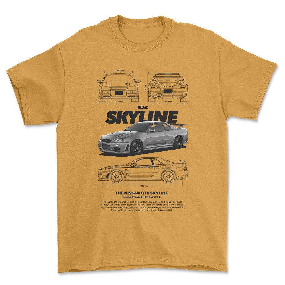 Nissan Skyline R34 - Unisex T-Shirt , Bomuld-Beklædning-Nissan-Guld-S-Forside-Garage Culture Shop- garage - man cave - merchandise