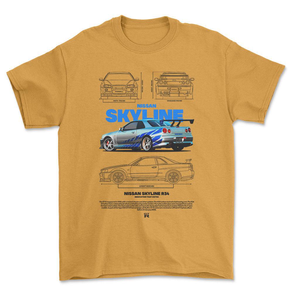 Nissan Skyline R34 - Unisex T-Shirt , Bomuld-Beklædning-Nissan-Guld-S-Forside-Garage Culture Shop- garage - man cave - merchandise