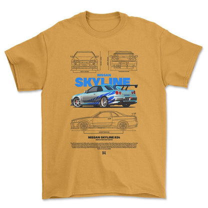 Nissan Skyline R34 - Unisex T-Shirt , Bomuld-Beklædning-Nissan-Guld-S-Forside-Garage Culture Shop- garage - man cave - merchandise
