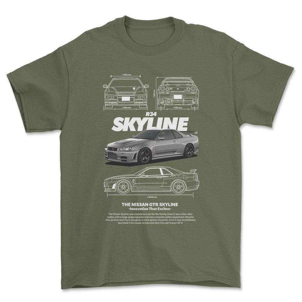 Nissan Skyline R34 - Unisex T-Shirt , Bomuld-Beklædning-Nissan-Grøn Militær-S-Forside-Garage Culture Shop- garage - man cave - merchandise