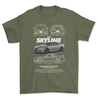 Nissan Skyline R34 - Unisex T-Shirt , Bomuld-Beklædning-Nissan-Grøn Militær-S-Forside-Garage Culture Shop- garage - man cave - merchandise
