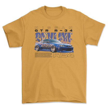 Nissan Skyline R34 - Unisex T-Shirt , Bomuld-Beklædning-Nissan-Guld-S-Forside-Garage Culture Shop- garage - man cave - merchandise