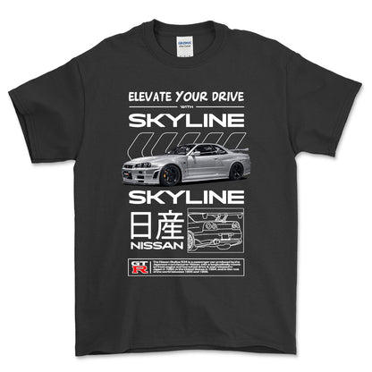 Nissan Skyline R34 - Unisex T-Shirt , Bomuld-Beklædning-Nissan-Sort-S-Forside-Garage Culture Shop- garage - man cave - merchandise