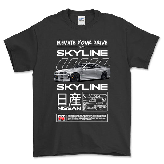 Nissan Skyline R34 - Unisex T-Shirt , Bomuld-Beklædning-Nissan-Sort-S-Forside-Garage Culture Shop- garage - man cave - merchandise