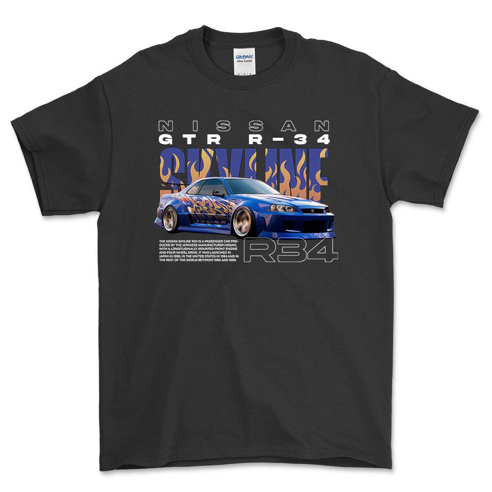 Nissan Skyline R34 - Unisex T-Shirt , Bomuld-Beklædning-Nissan-Sort-S-Forside-Garage Culture Shop- garage - man cave - merchandise