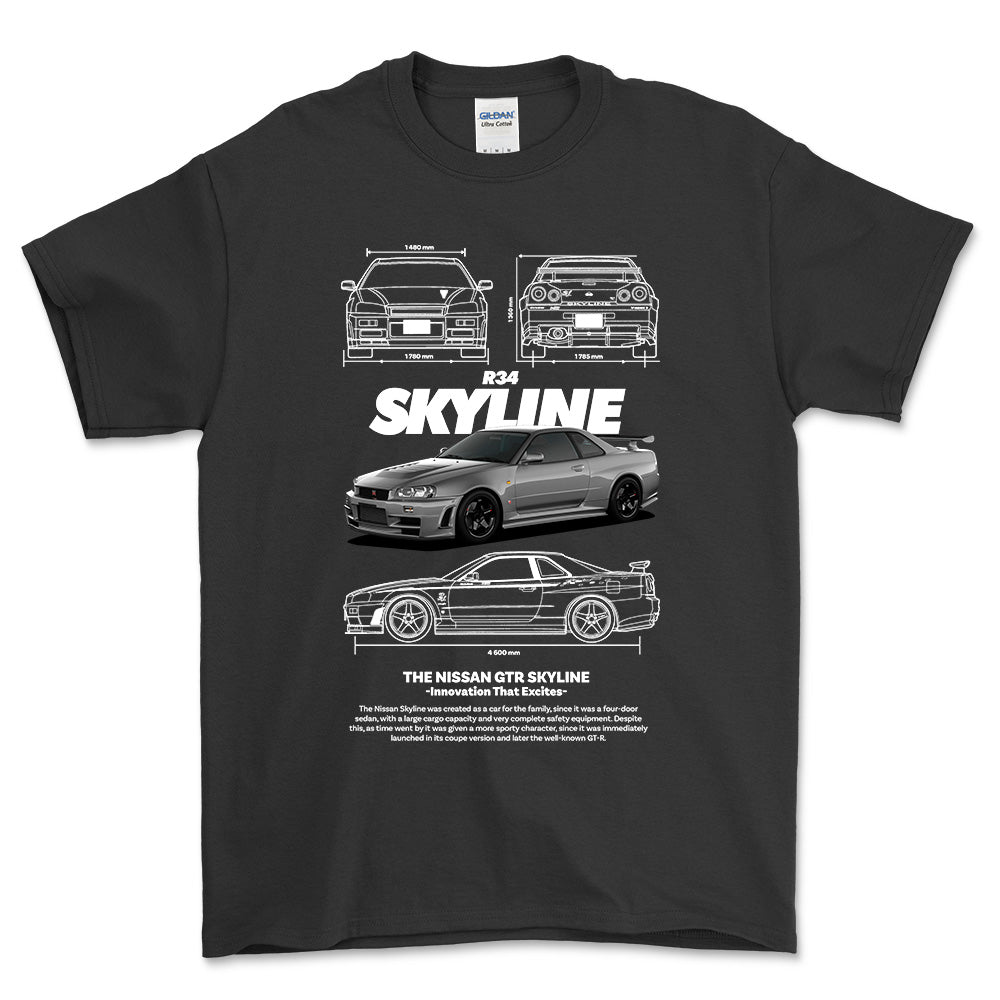 Nissan Skyline R34 - Unisex T-Shirt , Bomuld-Beklædning-Nissan-Sort-S-Forside-Garage Culture Shop- garage - man cave - merchandise