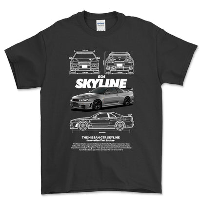 Nissan Skyline R34 - Unisex T-Shirt , Bomuld-Beklædning-Nissan-Sort-S-Forside-Garage Culture Shop- garage - man cave - merchandise