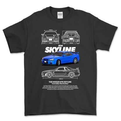 Nissan Skyline R34 - Unisex T-Shirt , Bomuld-Beklædning-Nissan-Sort-S-Forside-Garage Culture Shop- garage - man cave - merchandise