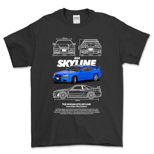 Nissan Skyline R34 - Unisex T-Shirt , Bomuld-Beklædning-Nissan-Sort-S-Forside-Garage Culture Shop- garage - man cave - merchandise
