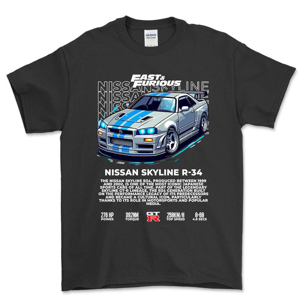 Nissan Skyline R34 - Unisex T-Shirt , Bomuld-Beklædning-Nissan-Sort-S-Forside-Garage Culture Shop- garage - man cave - merchandise