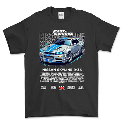 Nissan Skyline R34 - Unisex T-Shirt , Bomuld-Beklædning-Nissan-Sort-S-Forside-Garage Culture Shop- garage - man cave - merchandise