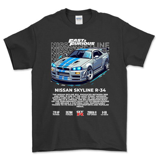 Nissan Skyline R34 - Unisex T-Shirt , Bomuld-Beklædning-Nissan-Sort-S-Forside-Garage Culture Shop- garage - man cave - merchandise