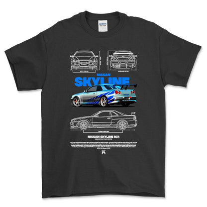 Nissan Skyline R34 - Unisex T-Shirt , Bomuld-Beklædning-Nissan-Sort-S-Forside-Garage Culture Shop- garage - man cave - merchandise
