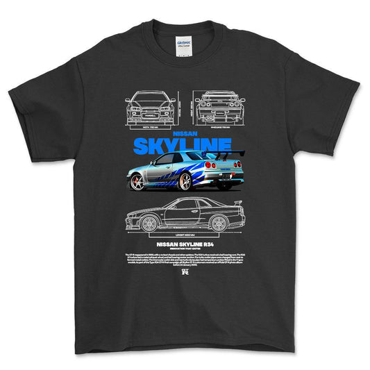 Nissan Skyline R34 - Unisex T-Shirt , Bomuld-Beklædning-Nissan-Sort-S-Forside-Garage Culture Shop- garage - man cave - merchandise