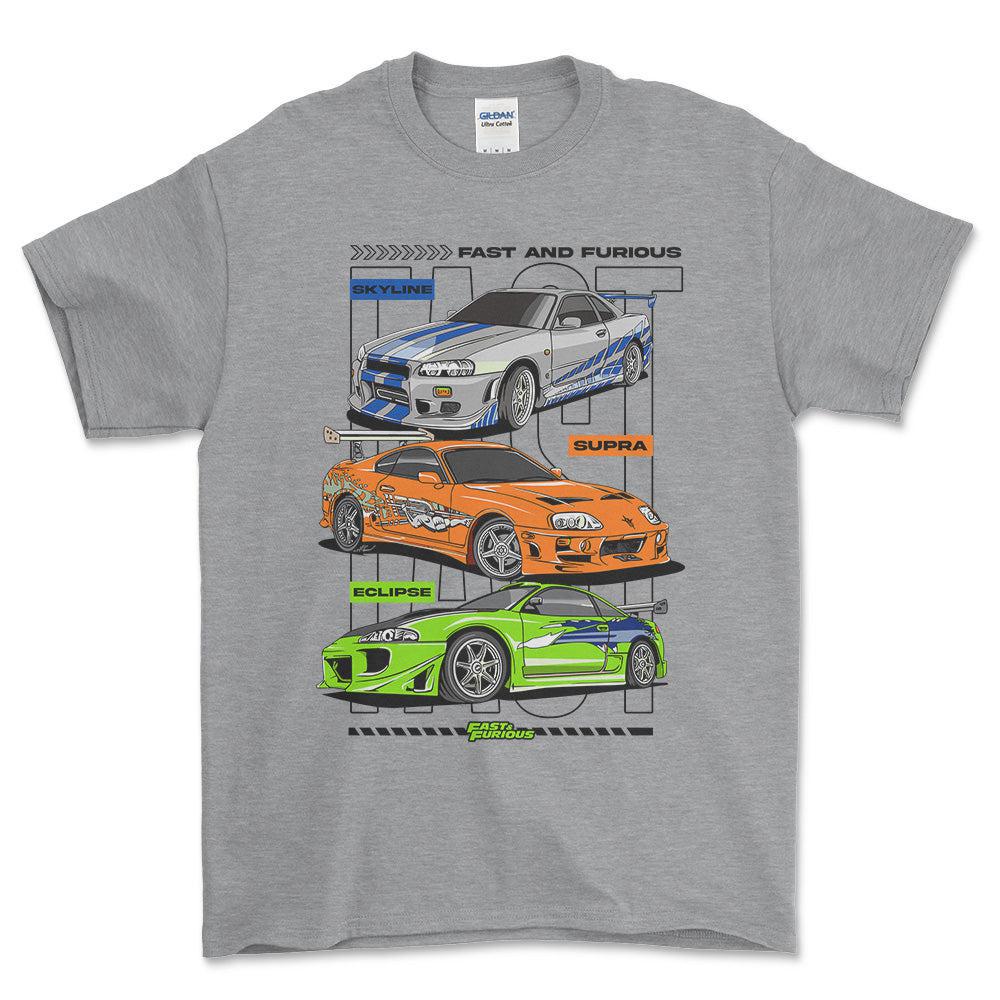 Nissan Skyline Toyota Supra Mitsubishi Eclipse - Unisex T-Shirt , Bomuld-Beklædning-Nissan-Grå Sport-S-Forside-Garage Culture Shop- garage - man cave - merchandise