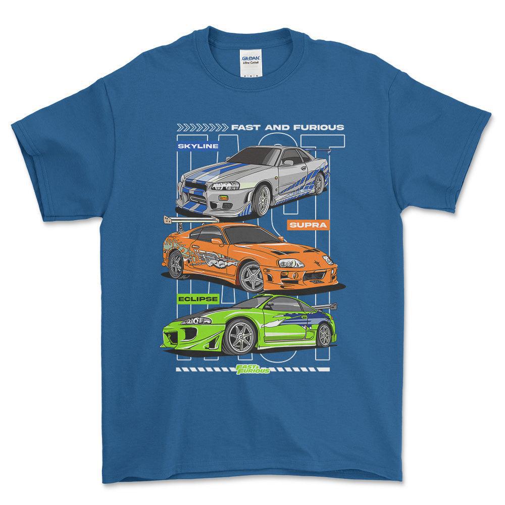 Nissan Skyline Toyota Supra Mitsubishi Eclipse - Unisex T-Shirt , Bomuld-Beklædning-Nissan-Blå Royal-S-Forside-Garage Culture Shop- garage - man cave - merchandise