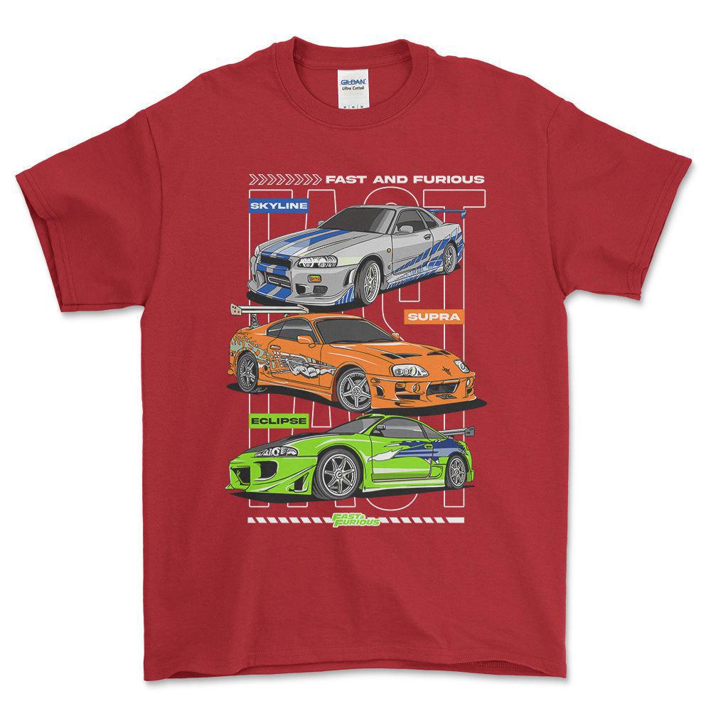 Nissan Skyline Toyota Supra Mitsubishi Eclipse - Unisex T-Shirt , Bomuld-Beklædning-Nissan-Rød-S-Forside-Garage Culture Shop- garage - man cave - merchandise
