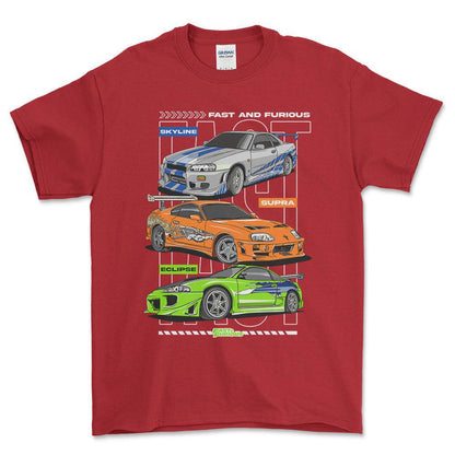 Nissan Skyline Toyota Supra Mitsubishi Eclipse - Unisex T-Shirt , Bomuld-Beklædning-Nissan-Rød-S-Forside-Garage Culture Shop- garage - man cave - merchandise