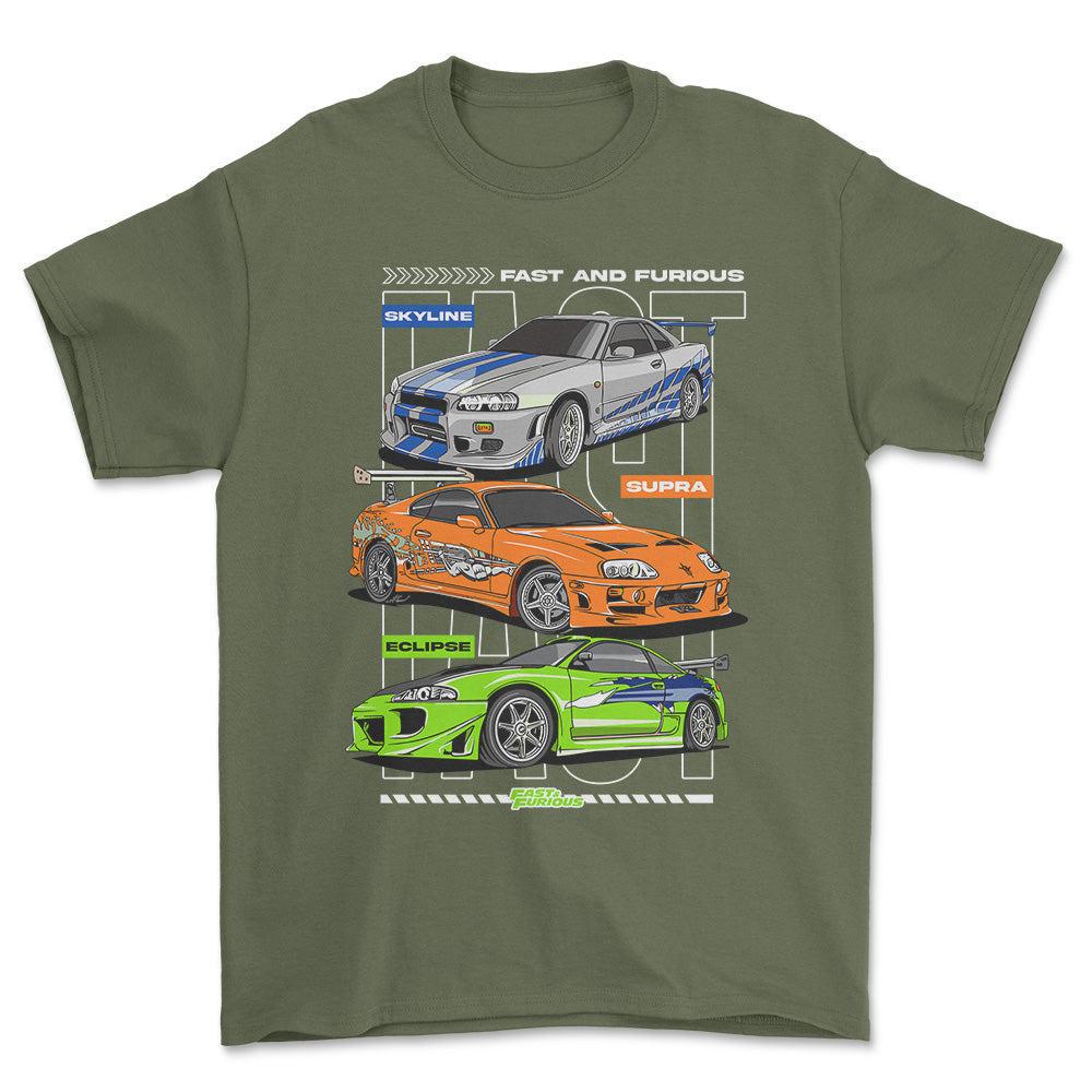 Nissan Skyline Toyota Supra Mitsubishi Eclipse - Unisex T-Shirt , Bomuld-Beklædning-Nissan-Grøn Militær-S-Forside-Garage Culture Shop- garage - man cave - merchandise