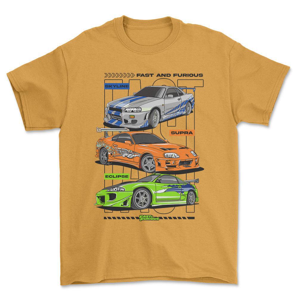 Nissan Skyline Toyota Supra Mitsubishi Eclipse - Unisex T-Shirt , Bomuld-Beklædning-Nissan-Guld-S-Forside-Garage Culture Shop- garage - man cave - merchandise