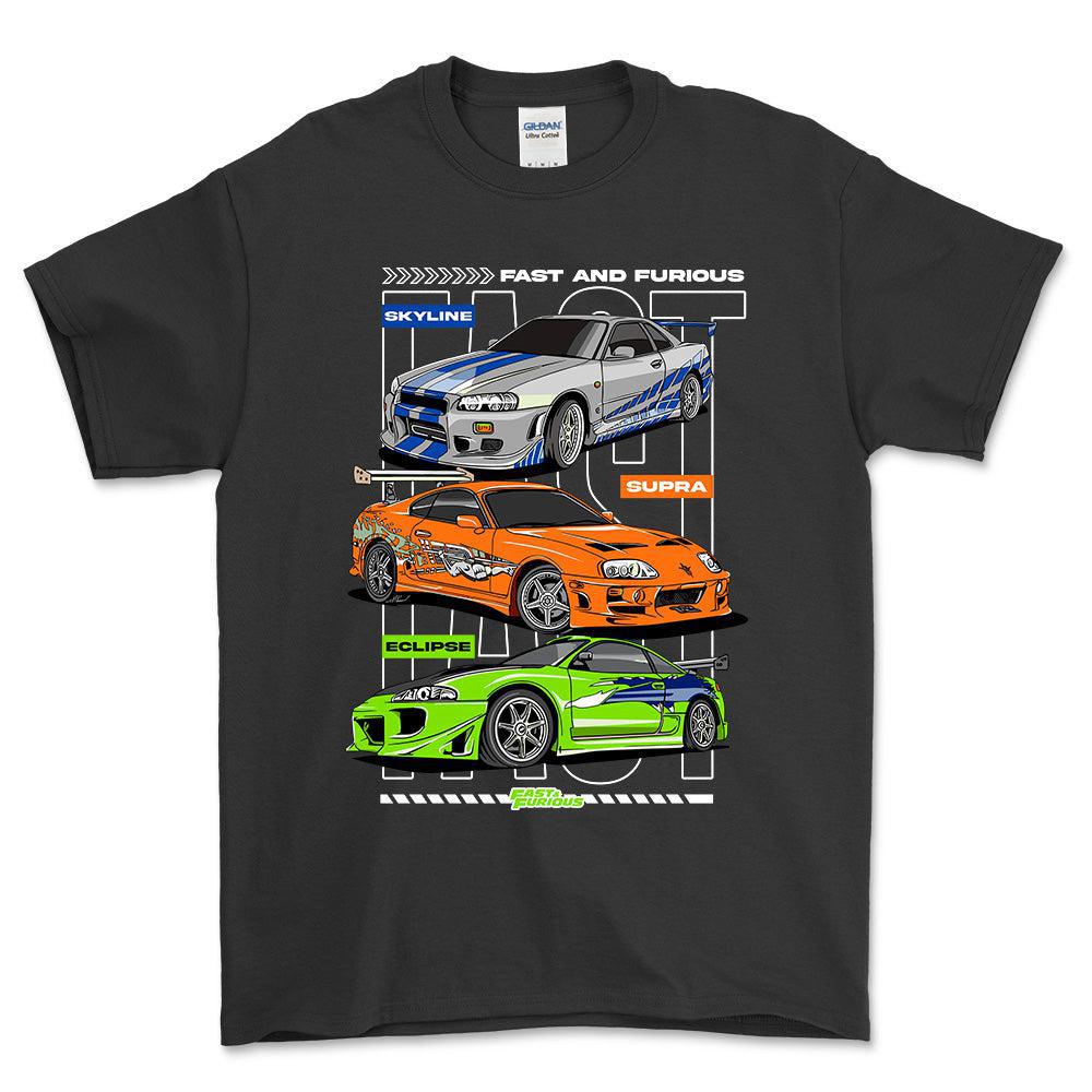 Nissan Skyline Toyota Supra Mitsubishi Eclipse - Unisex T-Shirt , Bomuld-Beklædning-Nissan-Sort-S-Forside-Garage Culture Shop- garage - man cave - merchandise