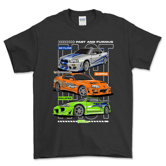 Nissan Skyline Toyota Supra Mitsubishi Eclipse - Unisex T-Shirt , Bomuld-Beklædning-Nissan-Sort-S-Forside-Garage Culture Shop- garage - man cave - merchandise