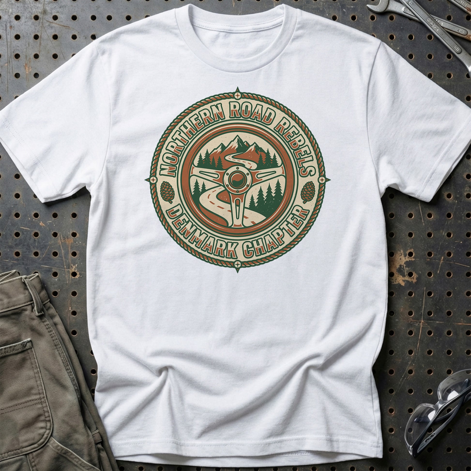 Northern Road Rebels – Denmark Chapter - Unisex T-Shirt , Bomuld-Beklædning-Garage Culture-Hvid-S-Garage Culture Shop- garage - man cave - merchandise