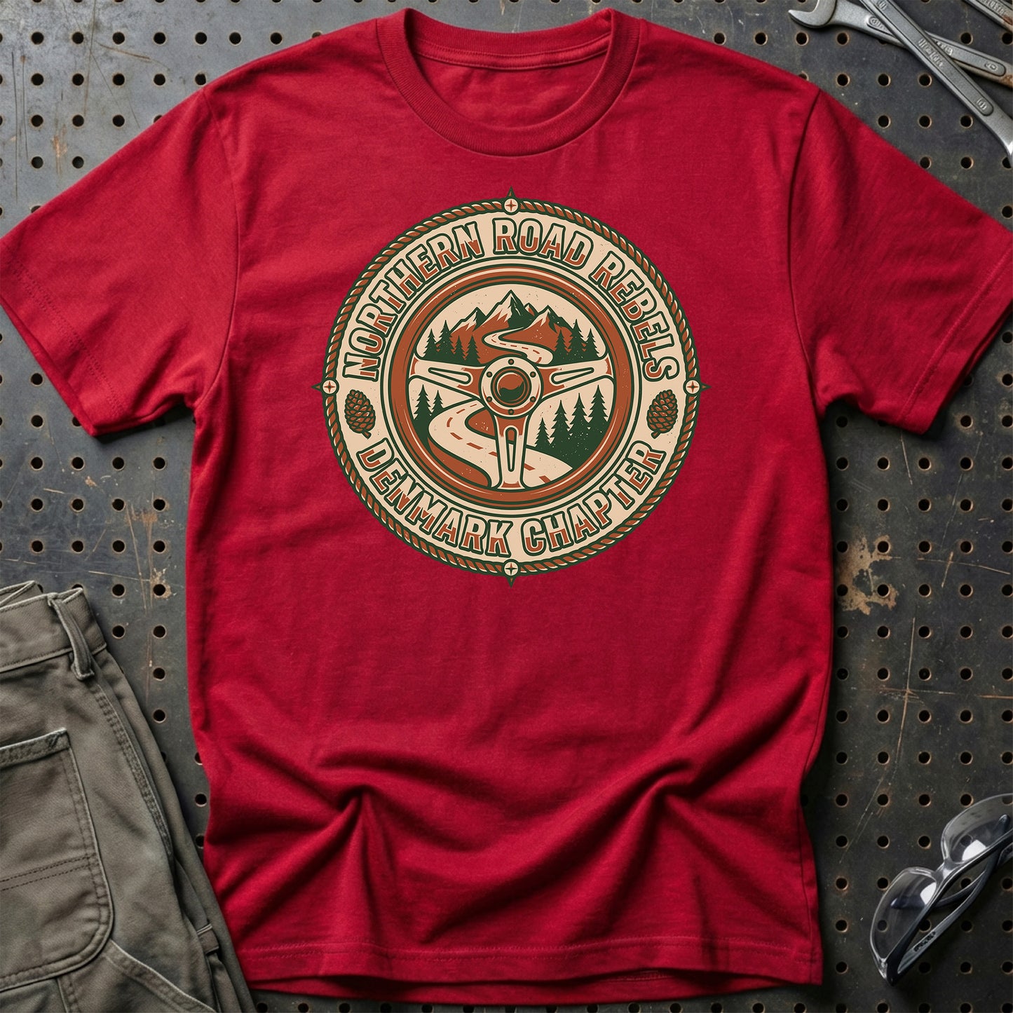 Northern Road Rebels – Denmark Chapter - Unisex T-Shirt , Bomuld-Beklædning-Garage Culture-Rød-S-Garage Culture Shop- garage - man cave - merchandise