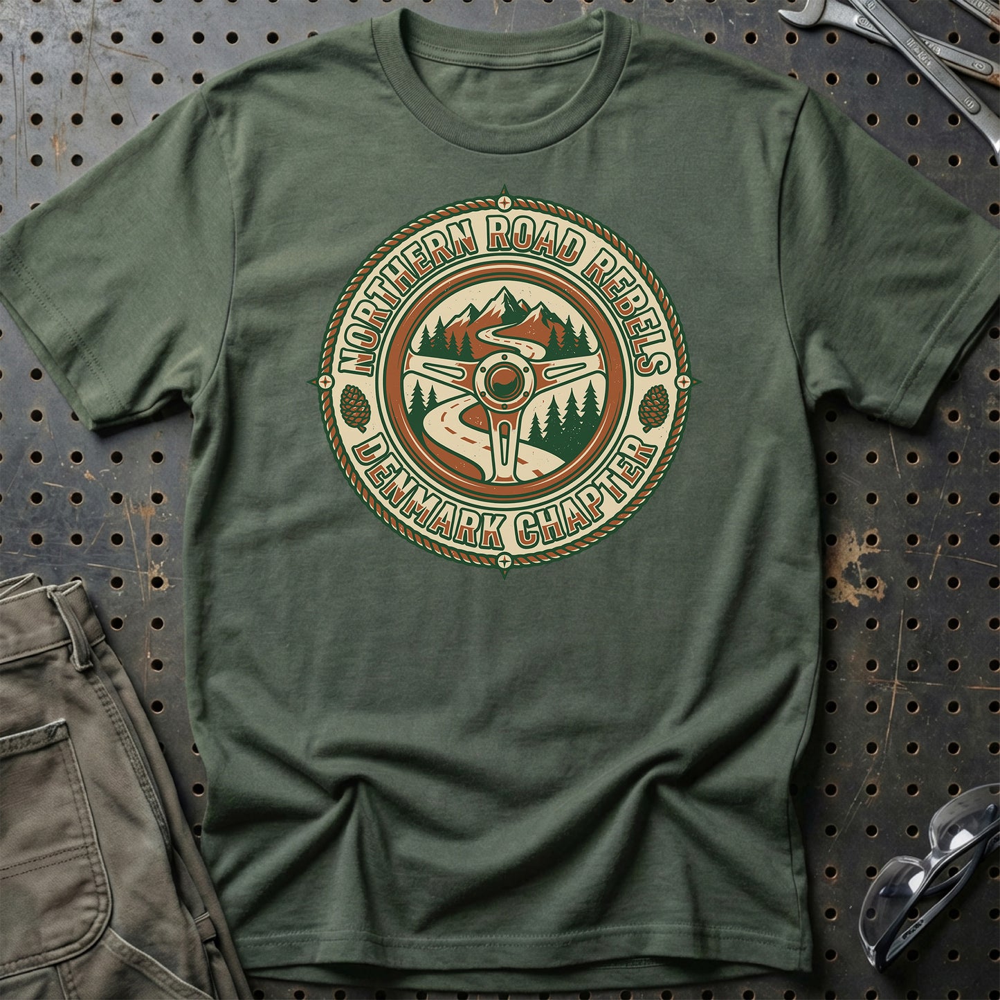 Northern Road Rebels – Denmark Chapter - Unisex T-Shirt , Bomuld-Beklædning-Garage Culture-Grøn Militær-S-Garage Culture Shop- garage - man cave - merchandise