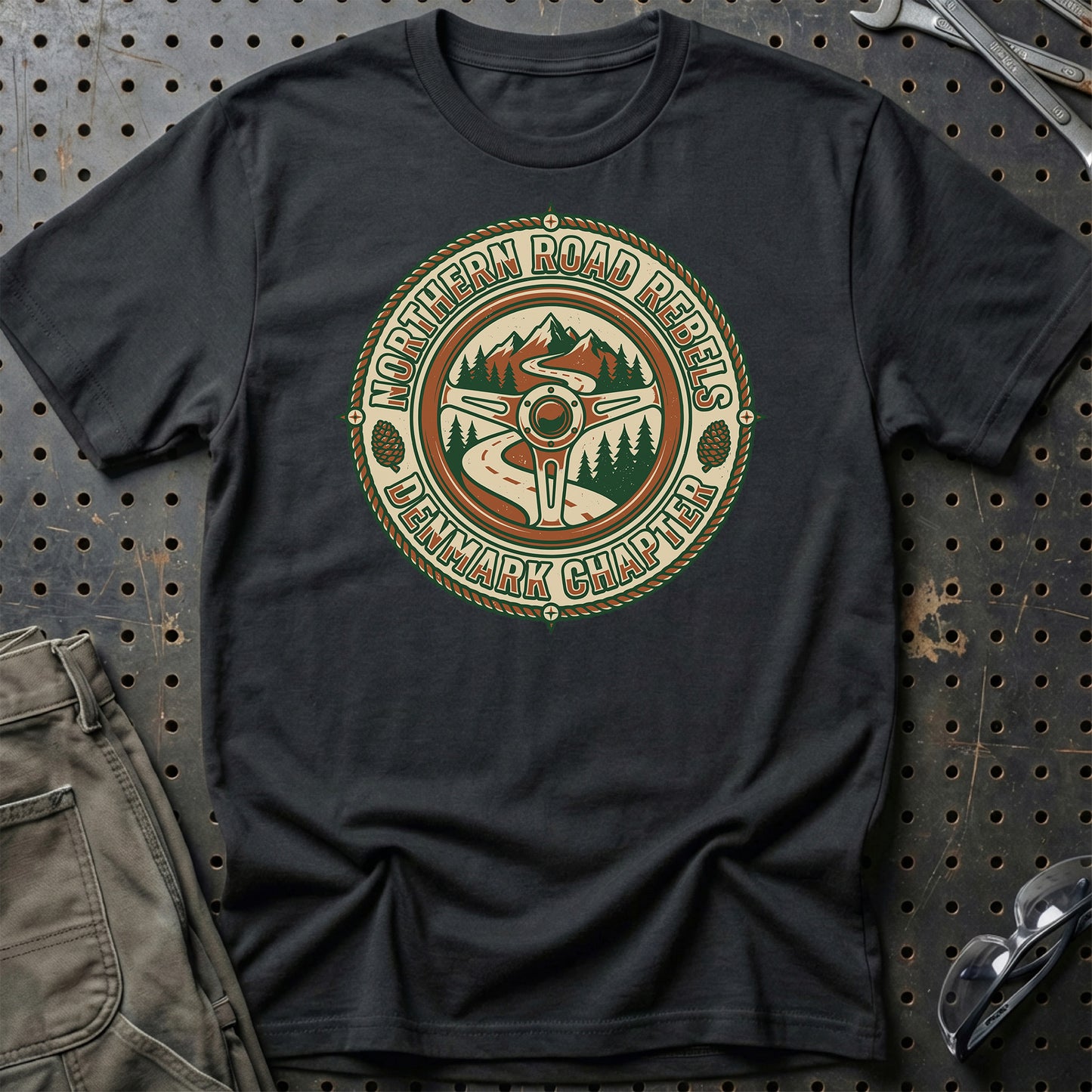 Northern Road Rebels – Denmark Chapter - Unisex T-Shirt , Bomuld-Beklædning-Garage Culture-Sort-S-Garage Culture Shop- garage - man cave - merchandise