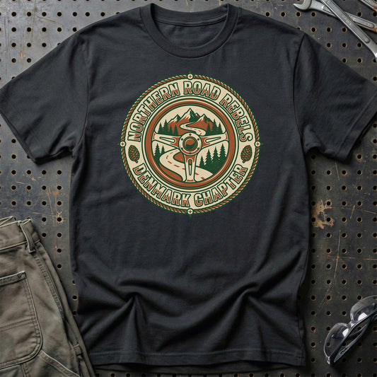 Northern Road Rebels – Denmark Chapter - Unisex T-Shirt , Bomuld-Beklædning-Garage Culture-Sort-S-Garage Culture Shop- garage - man cave - merchandise