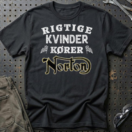 Norton Rigtige Kvinder Kører - Unisex T-Shirt , Bomuld-Beklædning-Norton-Sort-S-Garage Culture Shop- garage - man cave - merchandise