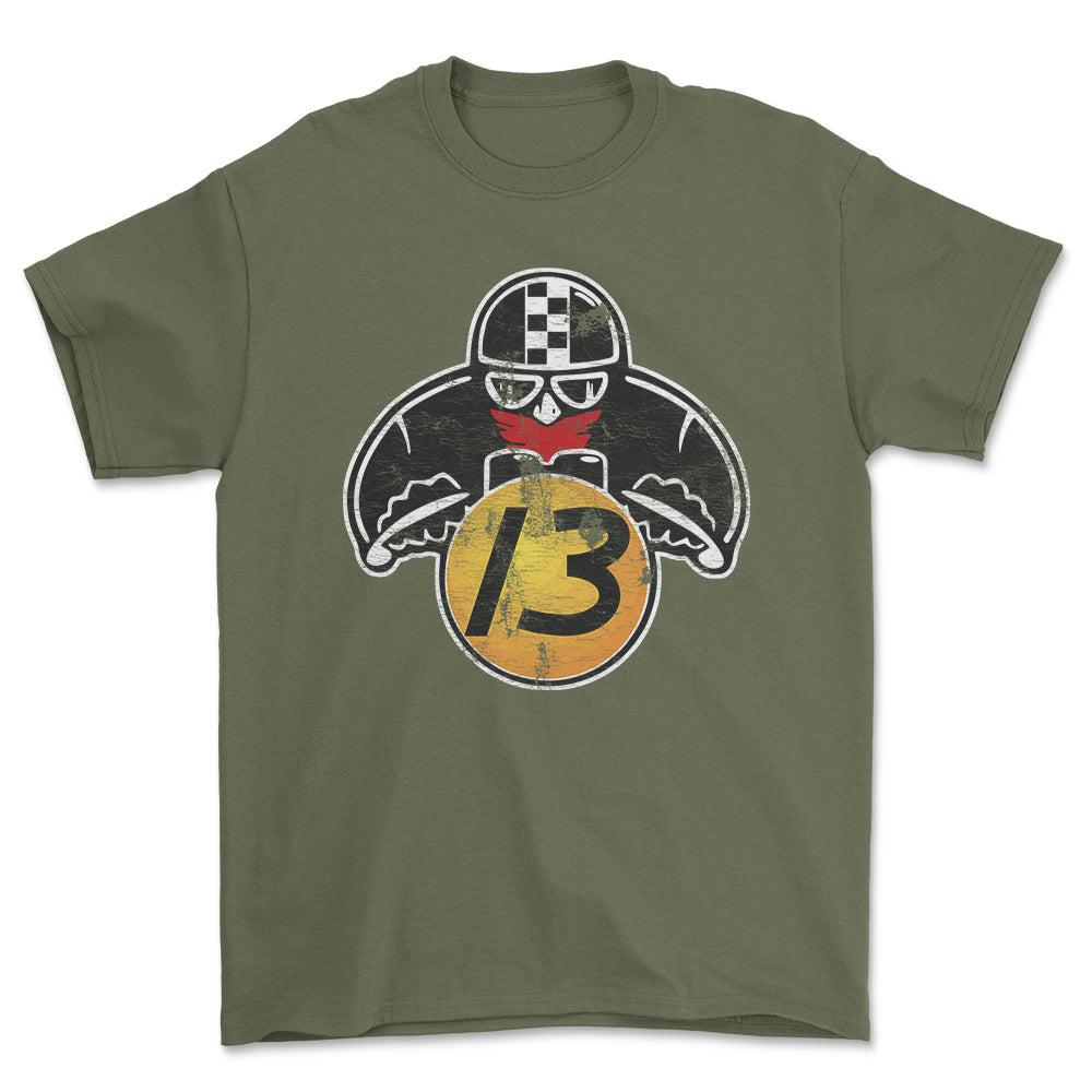 Nr 13 Biker Vintage Style Unisex T-Shirt , Bomuld-Beklædning-Nr-Grøn Militær-S-Forside-Garage Culture Shop- garage - man cave - merchandise
